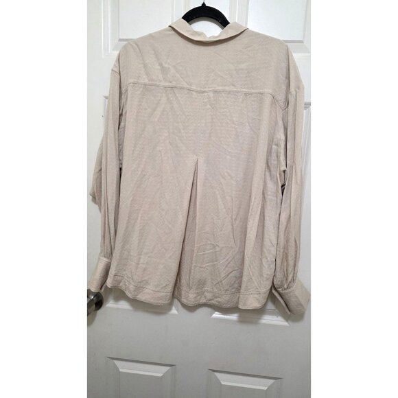 Free People Women's Oversized Beige Button-Up Shirt Pattern Folded Long Sleeves - Picture 3 of 8
